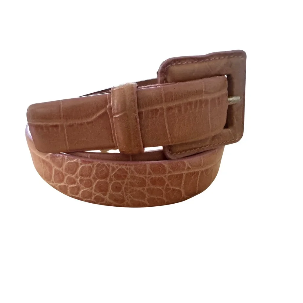 Tanner Italy 90s Leather Belt Croc Embossed Terracotta Pink Square Buckle Sz L